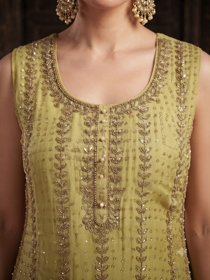 Sequin Embroidered Sleeveless Kurta with Sharara Set in Pear Green