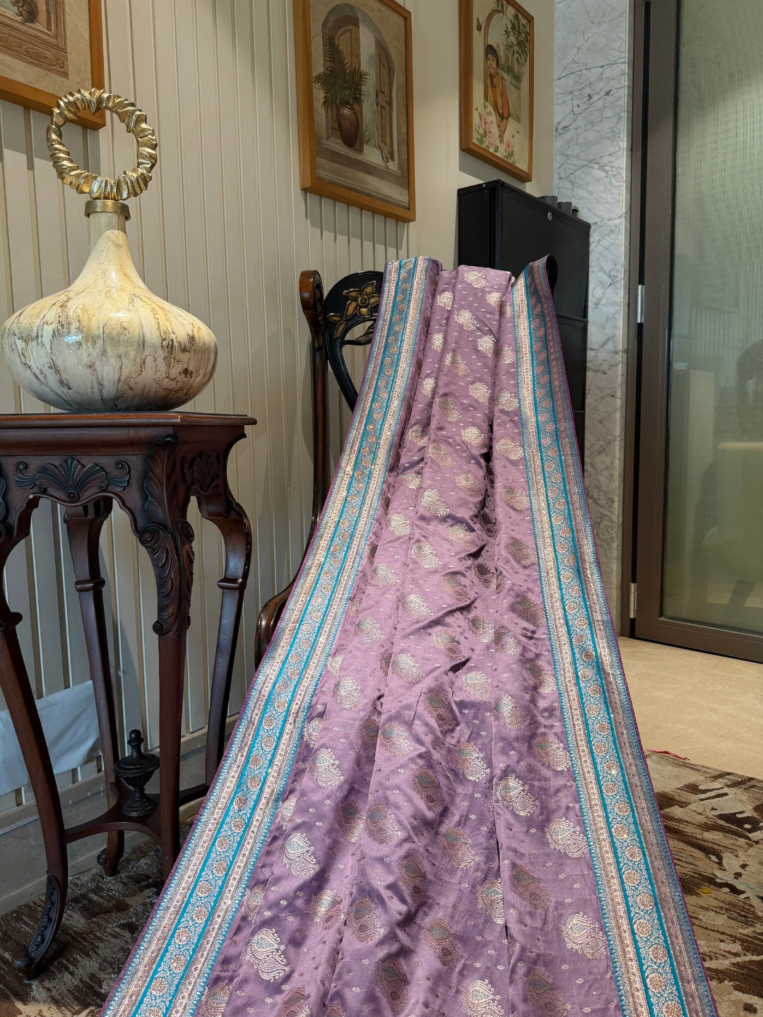 Lavender Saree with Woven Silver Buti All Over & Teal Paisley Jacquard Pallu