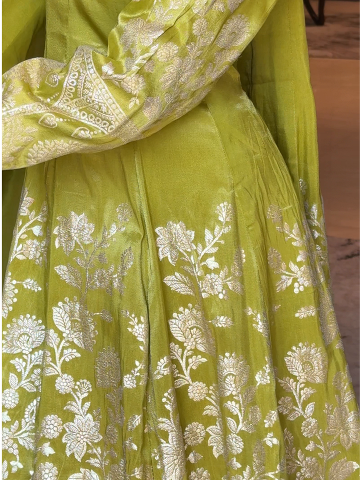 Banarasi Silk Kurta Set with Zari Woven Floral Border, Polka Dot Palazzo & Dupatta