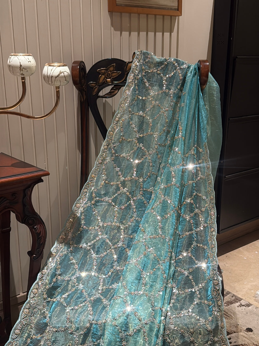 Shimmer Net Saree with All-Over Geometric Mirror & Sequin Hand Embroidery Border