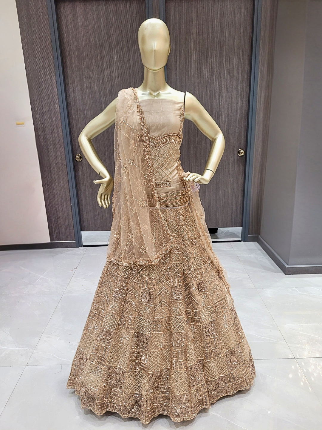 Beige Sequins Embroidered Net Lehenga with Unstitched Blouse & Dupatta