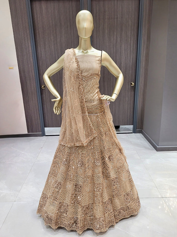 Beige Sequins Embroidered Net Lehenga with Unstitched Blouse & Dupatta