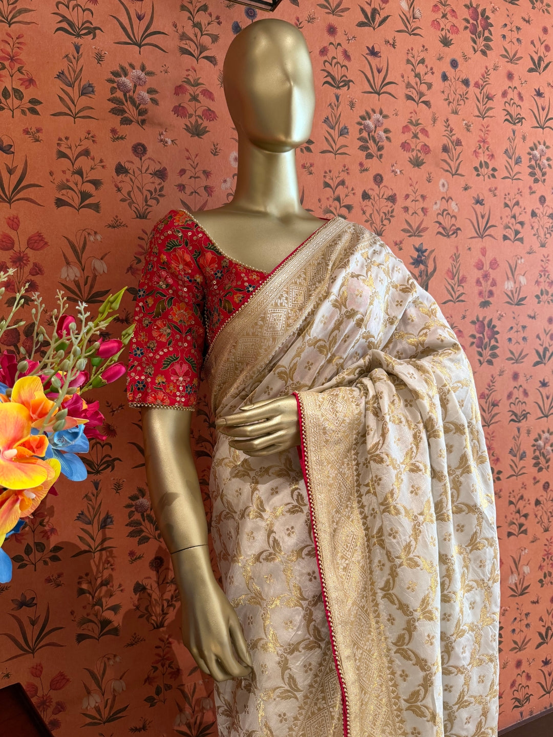Off White Gold Zari Woven Floral Saree with Rich Pallu and Contrast Red Edging