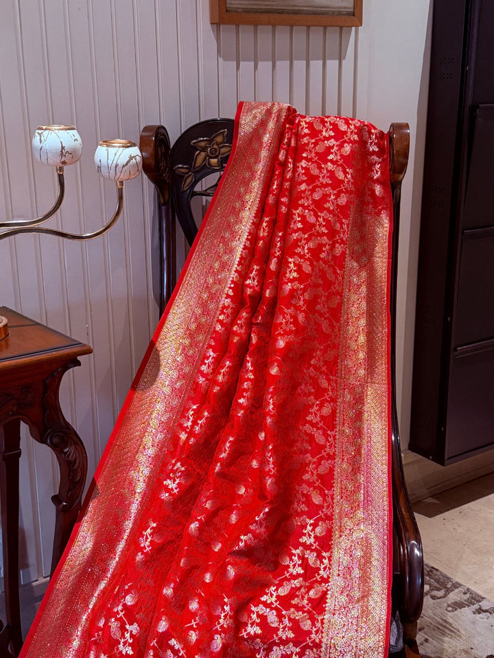 Banarasi Art Silk Saree with Gold Zari Floral Paisley Motifs & Brocade Border