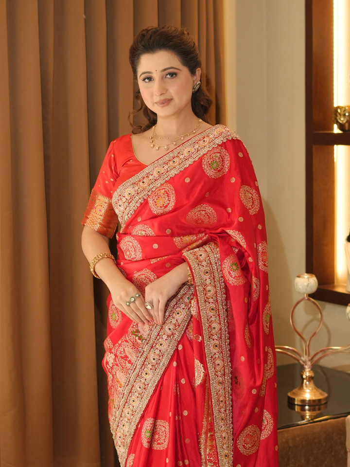 Banarasi Silk Zari Saree with Gold Zari Medallion Motifs, Embroidered Border & Dupatta