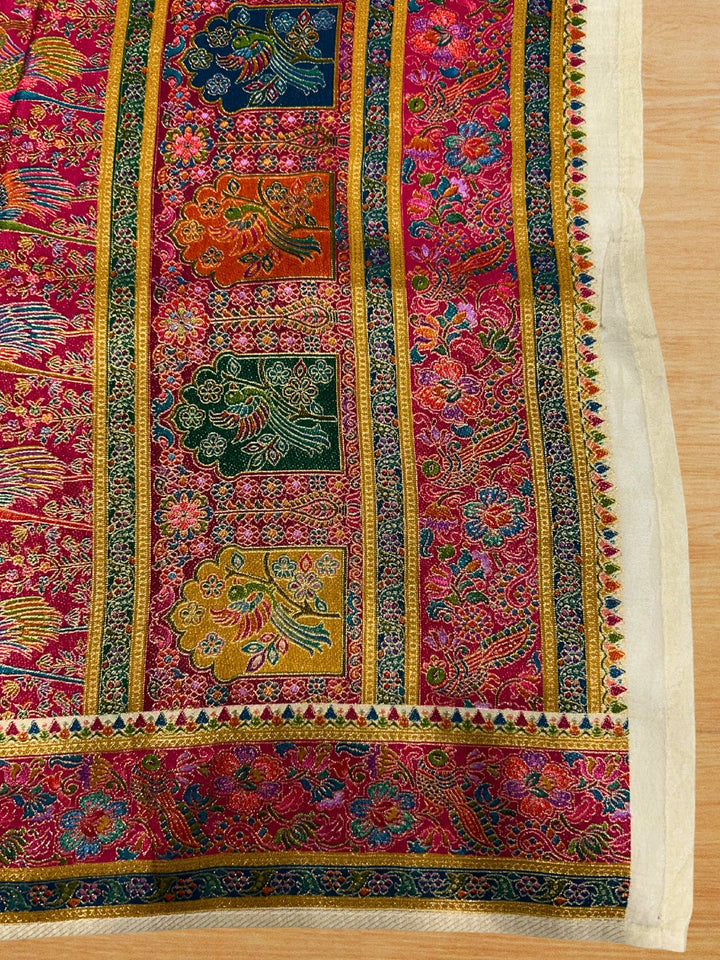 Cream Banarasi Woven Floral Saree with Rani Pink Temple Border and Rich Pallu