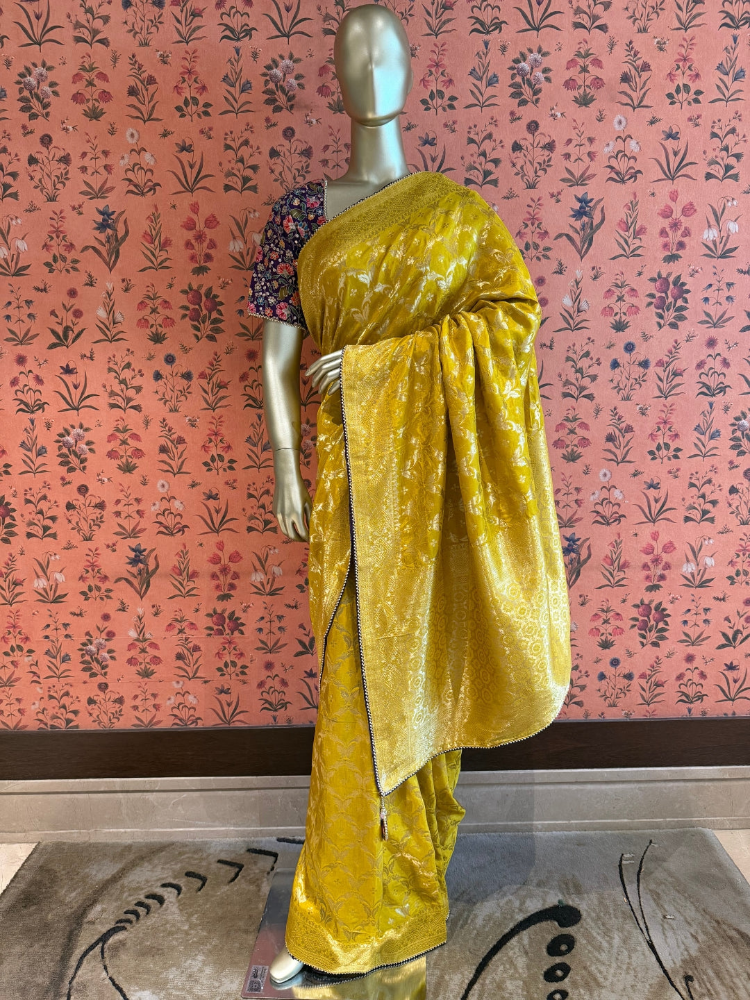 Mustard Yellow Saree with All-Over Zari Woven Floral Jaal & Embellished Border