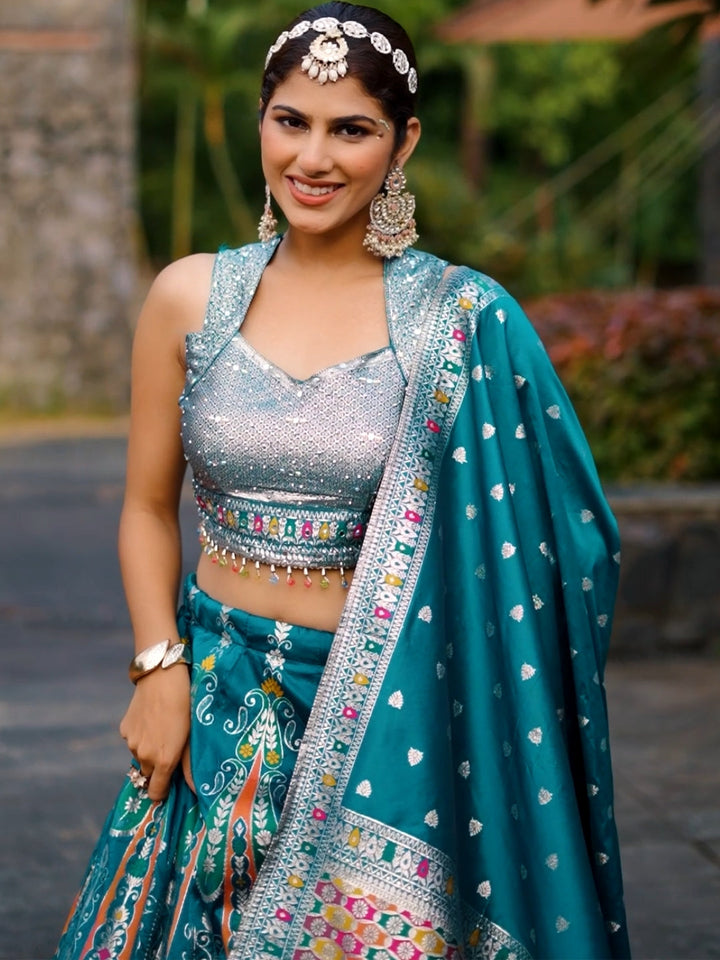 Mirror Work Silk Lehenga Set with Banarasi Weave Dupatta, Multicolor Thread Embroidery