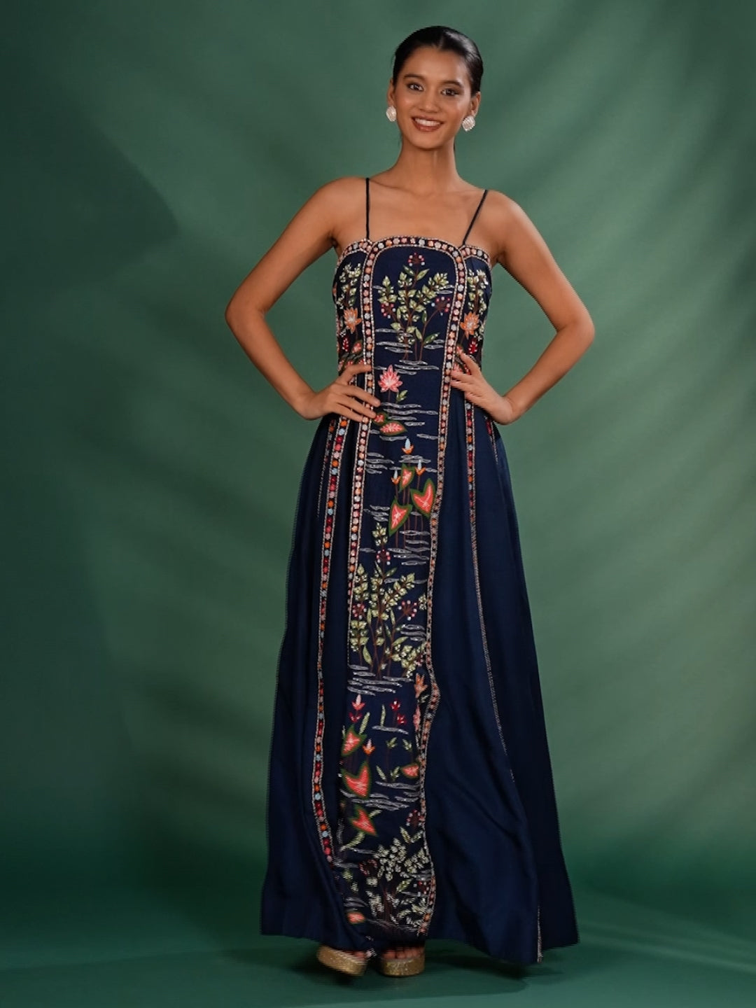 Embroidered Spaghetti Strap Flared Gown with Nature-Inspired Motifs