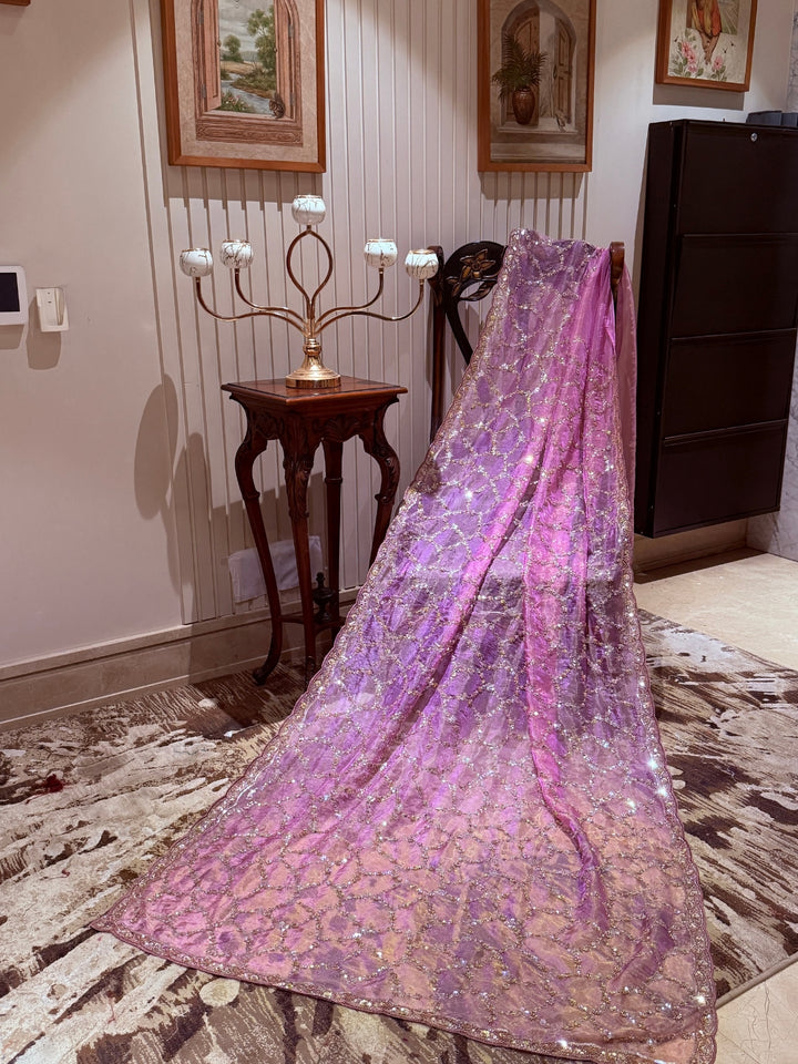 Pink Shimmer Net Saree with Sequin & Mirror Geometric Trellis and Scalloped Embroidered Border