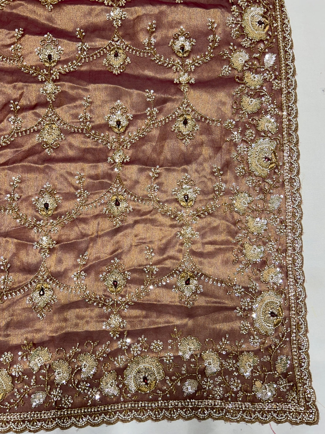 Heavy Sequin & Bead Embroidered Net Saree with Floral Jaal and Scalloped Border