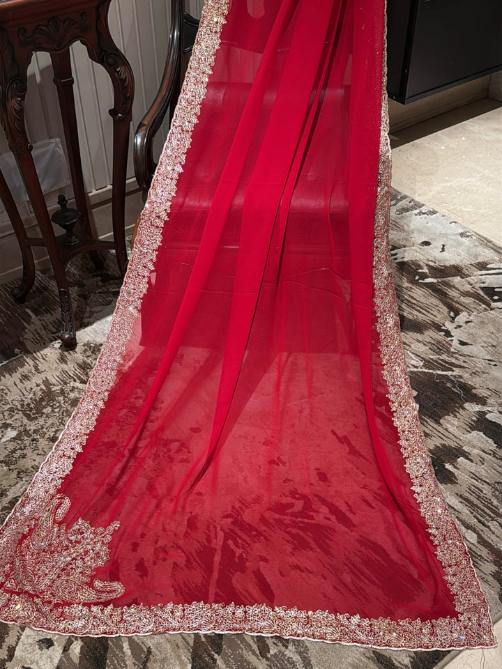 Pure Red Net Saree with Wide Gold Sequin Pearl Border & Ornate Zari Floral Embroidery