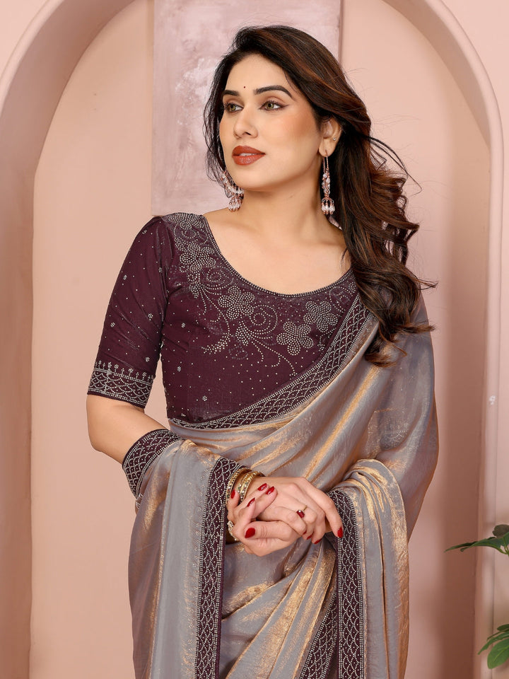 Shimmer Saree with Wine Embellished Blouse & Geometric Stone Work Border