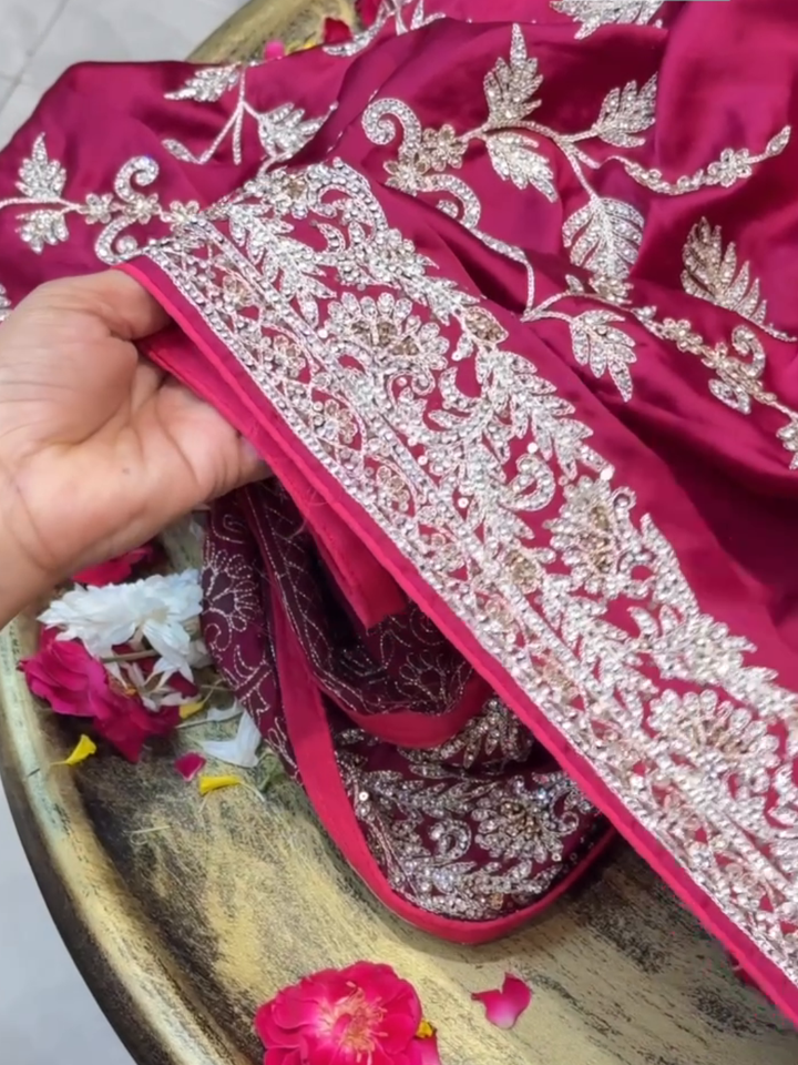 Satin Silk Heavy Zari & Sequin Embroidered Floral Saree