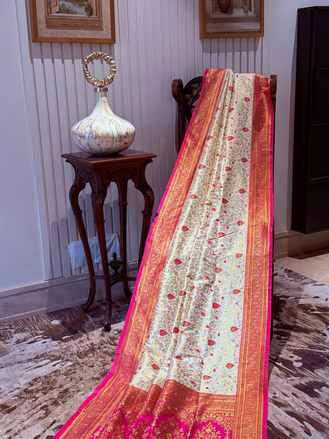 Banarasi Art Silk Saree with Gold-Pink Floral Jaal & Brocade Contrast Border