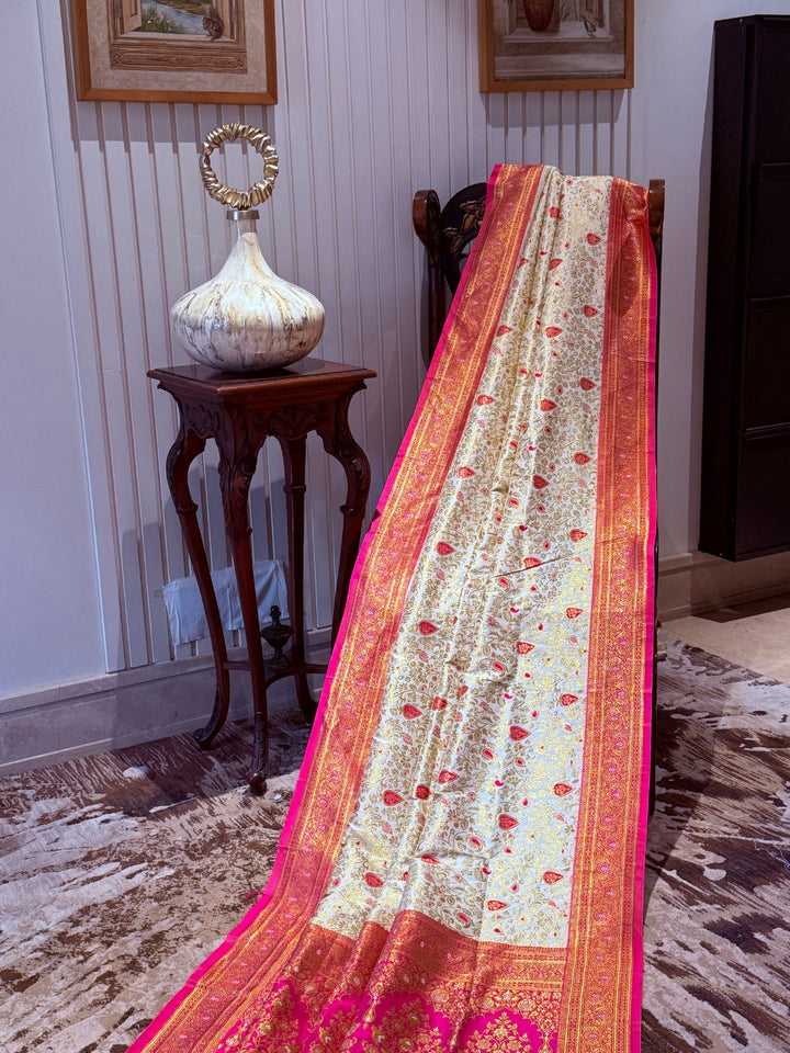 Banarasi Art Silk Saree with Gold-Pink Floral Jaal & Brocade Contrast Border