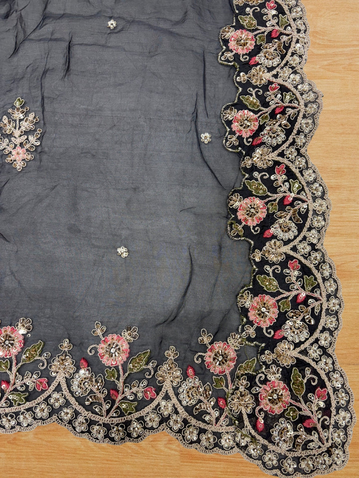 Embroidered lehenga set with floral zari, sequins and scalloped organza dupatta.