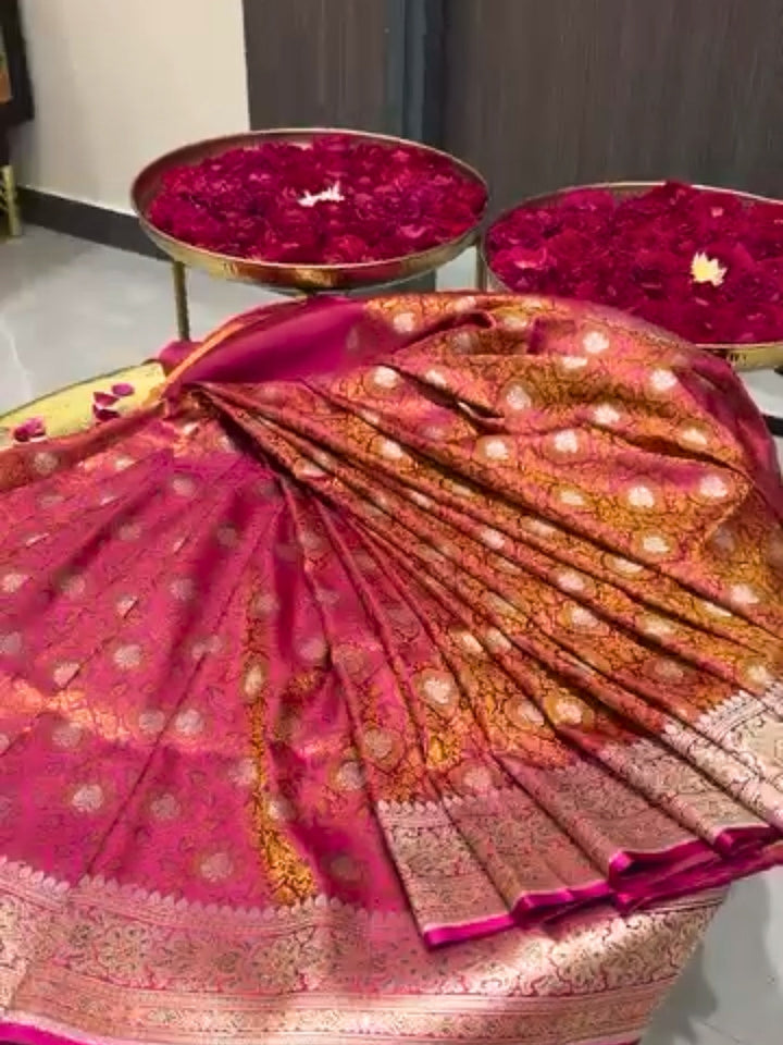 Pure Banarasi Satan Silk Saree in Magenta Pink with Zari Floral Buta and Meenakari Work