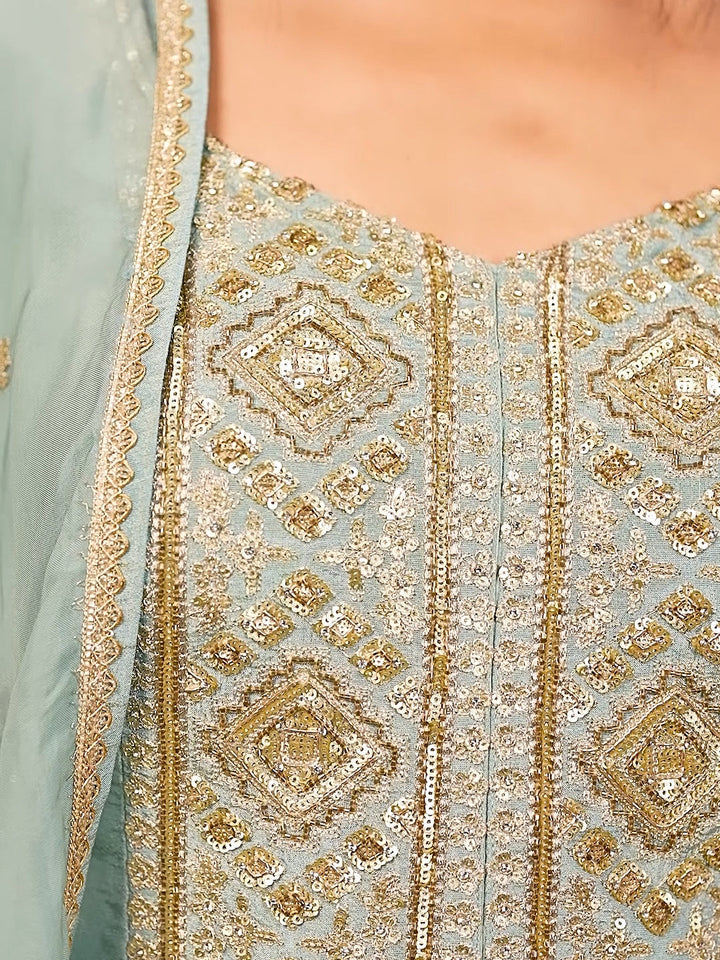 Embroidered Georgette Sharara Set with Sequin, Zari & Mirror Work Detailing