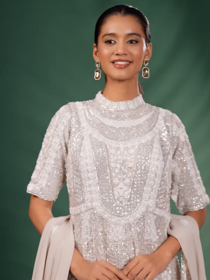 Sequin Embroidered Short Kurta with Flared Sharara and Dupatta Set