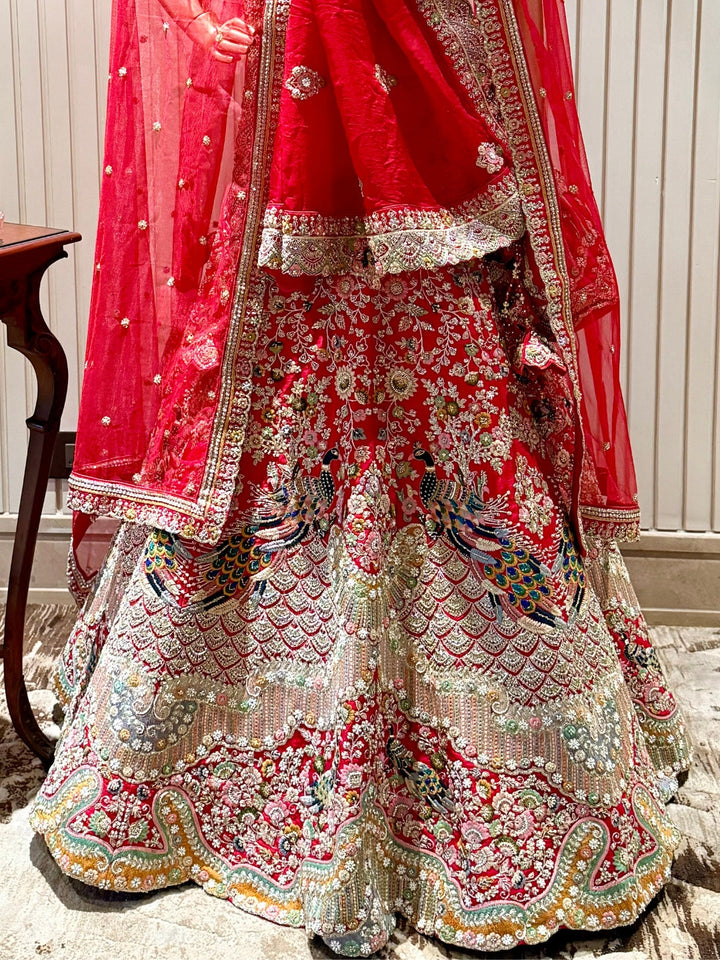 Bridal Lehenga with Heavy Peacock Embroidery, Floral Zardozi Work & Embellished Dupatta
