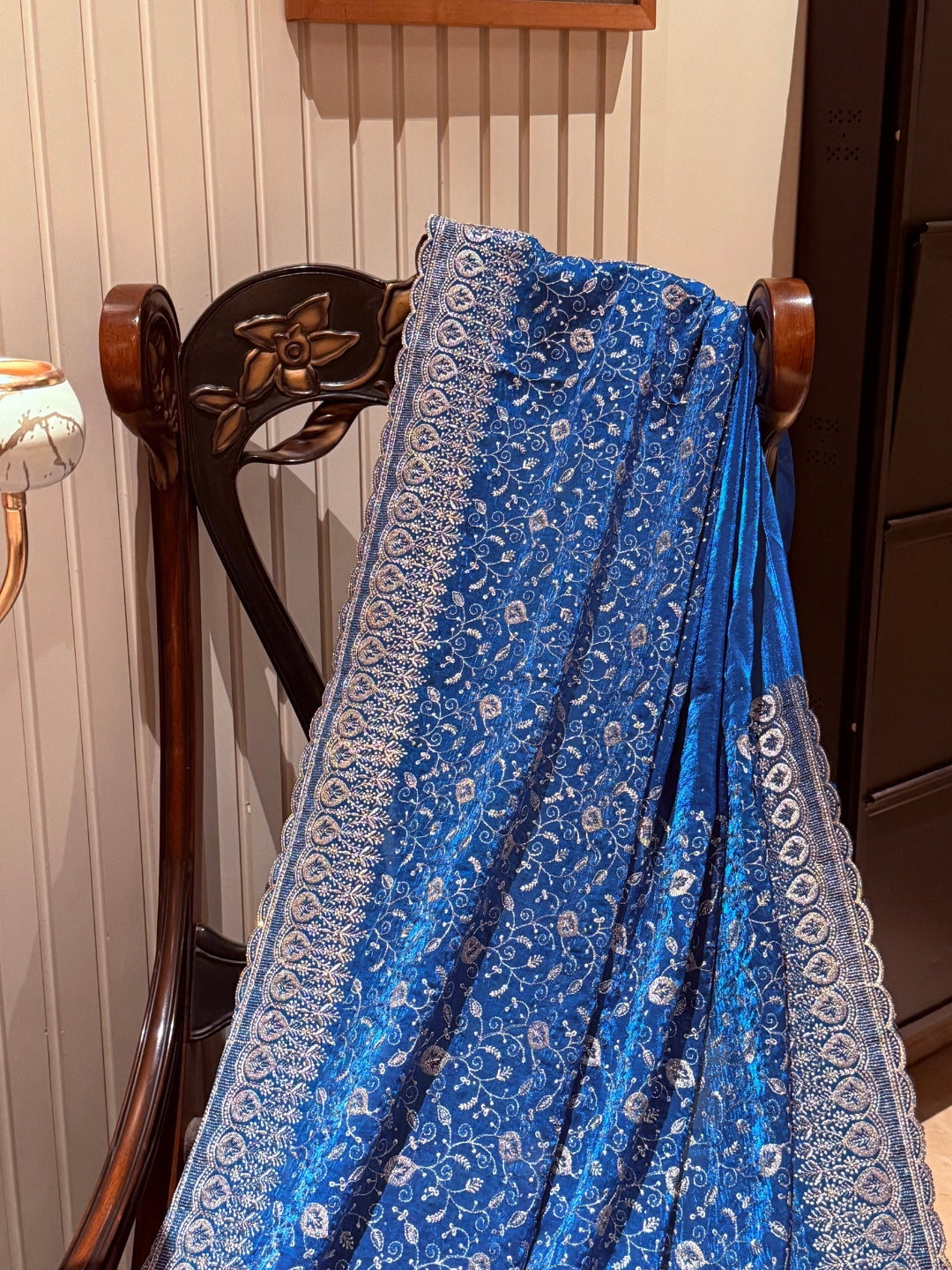 Saree with Heavy Silver Zari Floral Embroidery & Ornate Broad Border