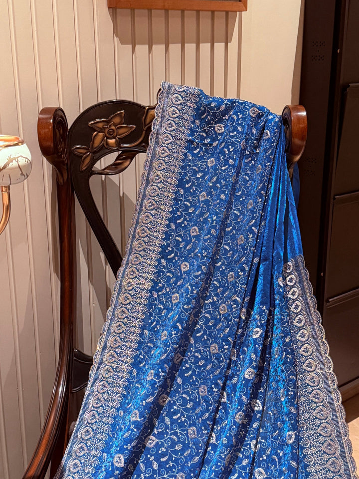 Saree with Heavy Silver Zari Floral Embroidery & Ornate Broad Border