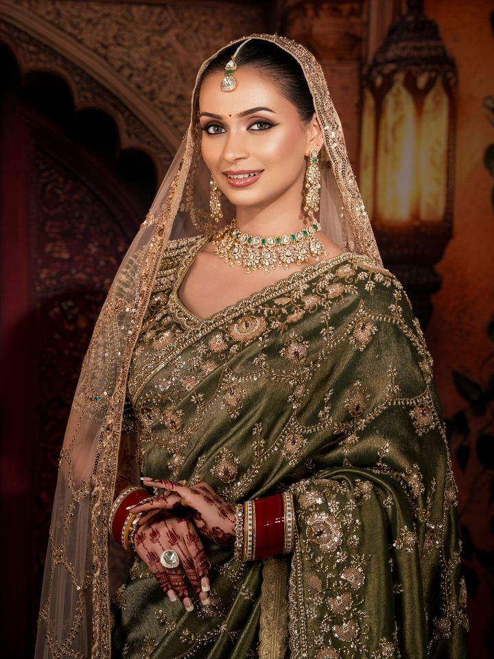 Satin Silk Heavy Zari & Sequin Embroidered Floral Saree