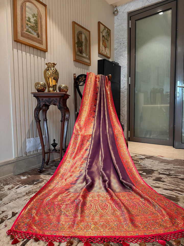 Wine Purple Banarasi Saree with Red Meenakari Zari Border and Tasselled Pallu