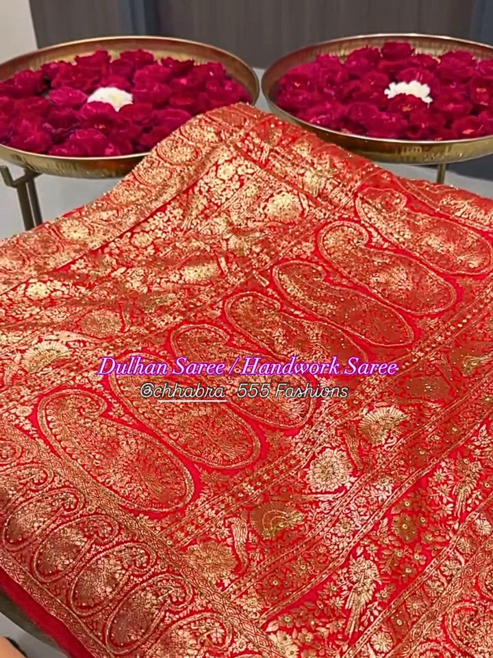 Royal Red Bridal Saree with Heavy Zari Hand Embroidery & Peacock Motif Work