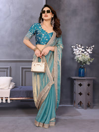 Shimmer Saree with Gold Lace Border & Teal Floral Thread Embroidered Blouse