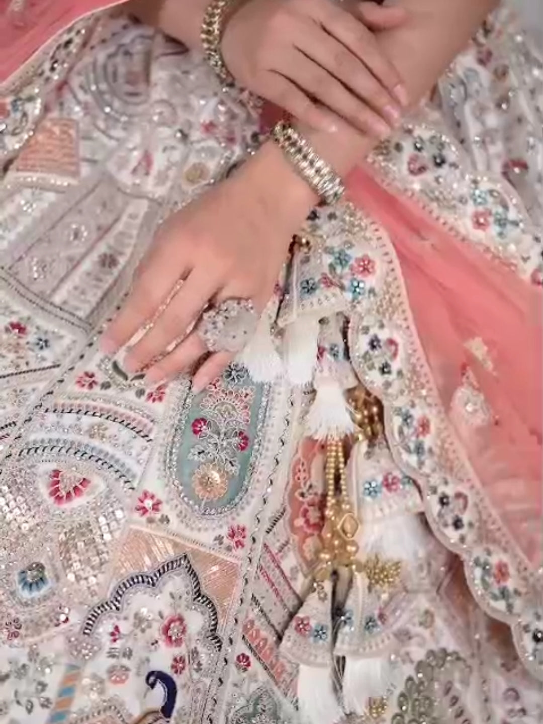 Multicolour Resham Embroidered Lehenga with Peach Net Dupatta