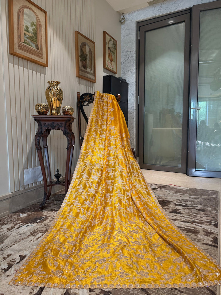 Yellow Floral Embroidered Silk Blend Saree with Ivory Threadwork Border