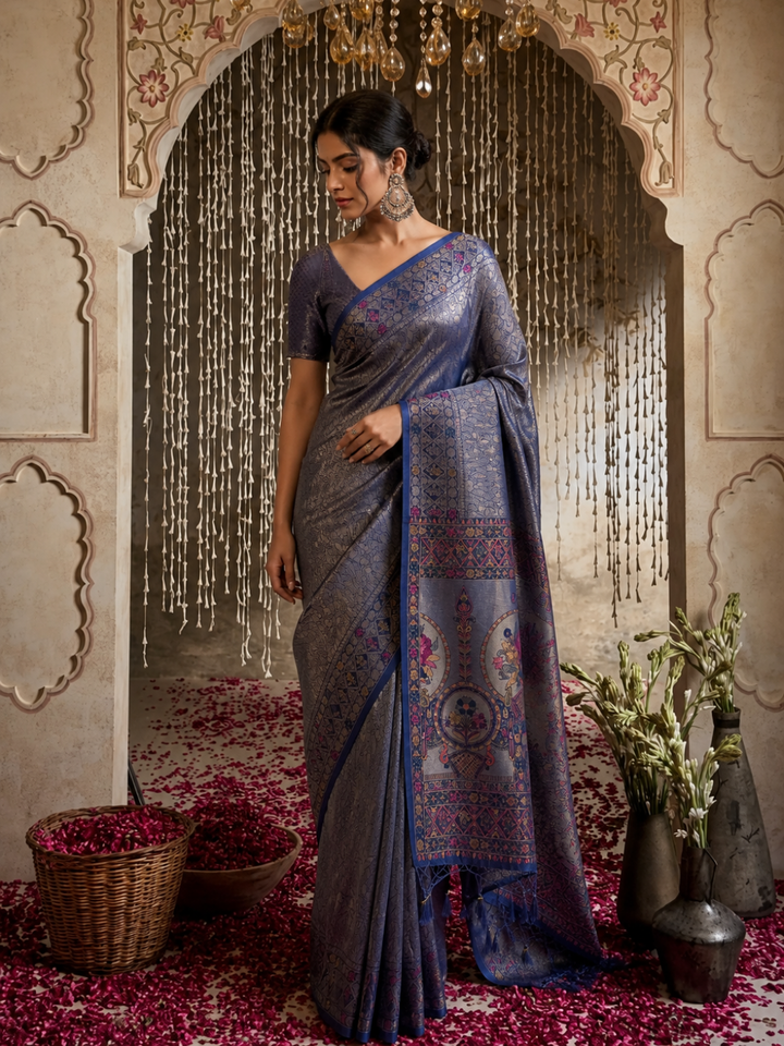 Steel Blue Banarasi Silk Saree with Zari Woven Floral Jaal & Meenakari Floral Medallion Pallu