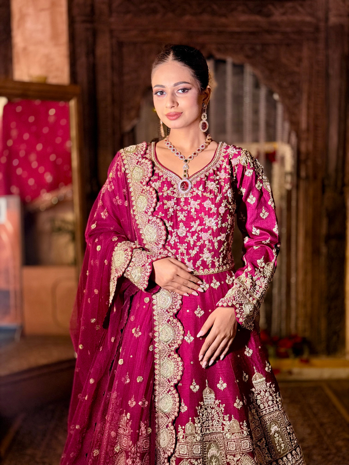 Zari Embroidered Long Kurta with Red Sharara Set in Pink