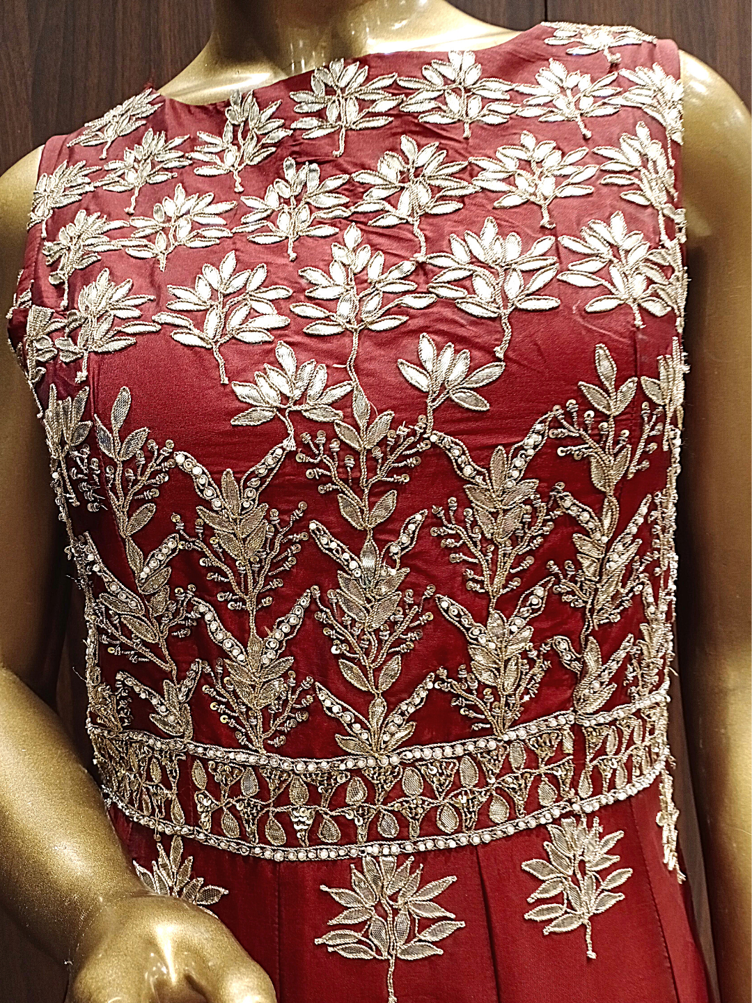 Traditional Gotta Patti Maroon Flared Silk Gown with Gold Zari Embroidery