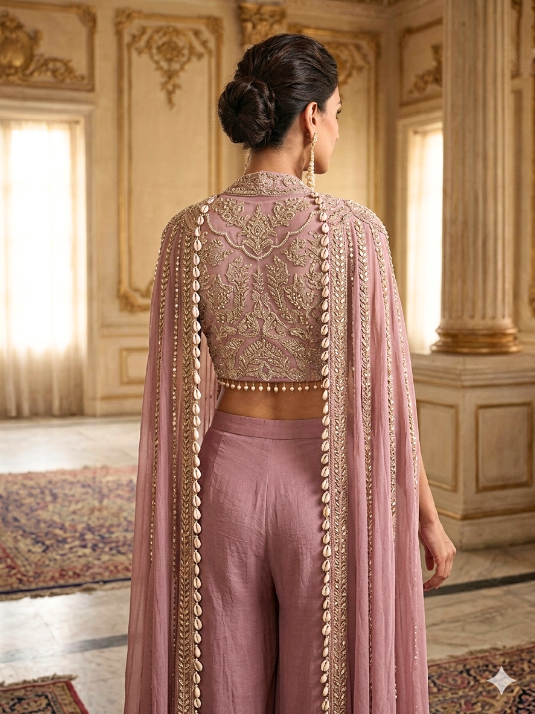 Silk Sequin & Mirror Embroidered Cape Blouse with Palazzo Set in Dusty Pink