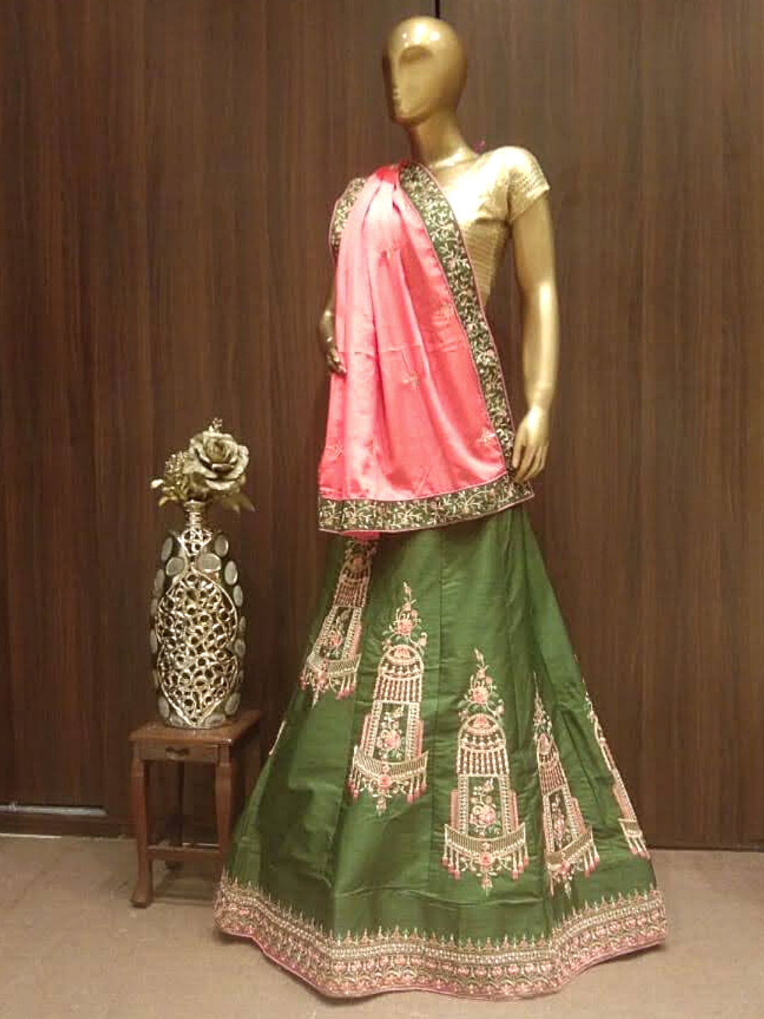 Olive Green Semi-Stitched Silk Lehenga Set with Contrast Crepe Dupatta & Resham Embroidery
