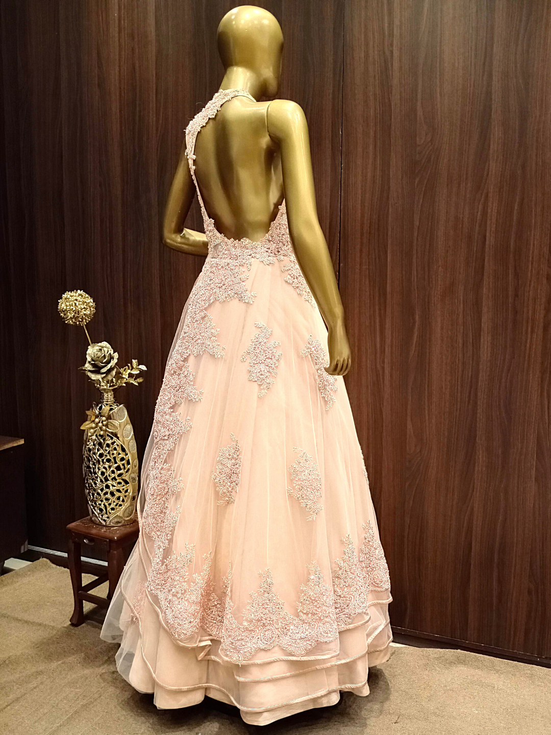 Pastel Peach Crystal Hand Embellished Layered Gown with Resham Embroidery