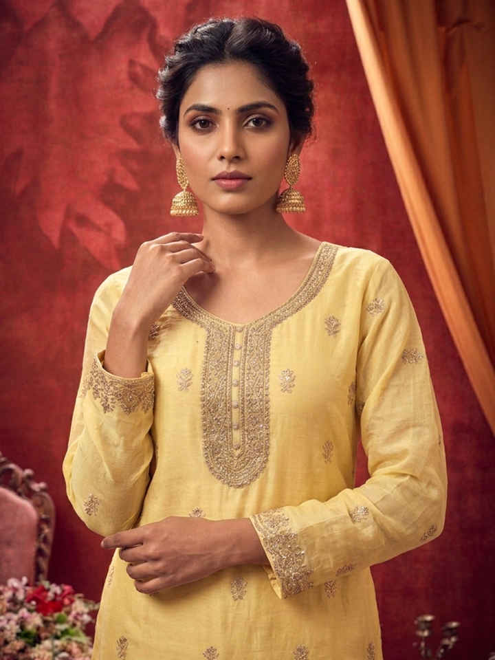 Zari Sequinned Embroidered Silk Kurta with Sharara and Dupatta with Floral Booti Pattern