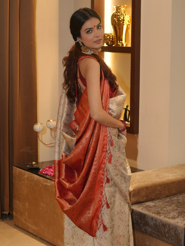 Banarasi Silk Saree with Gold Zari Paisley Jaal & Contrast Red Brocade Border