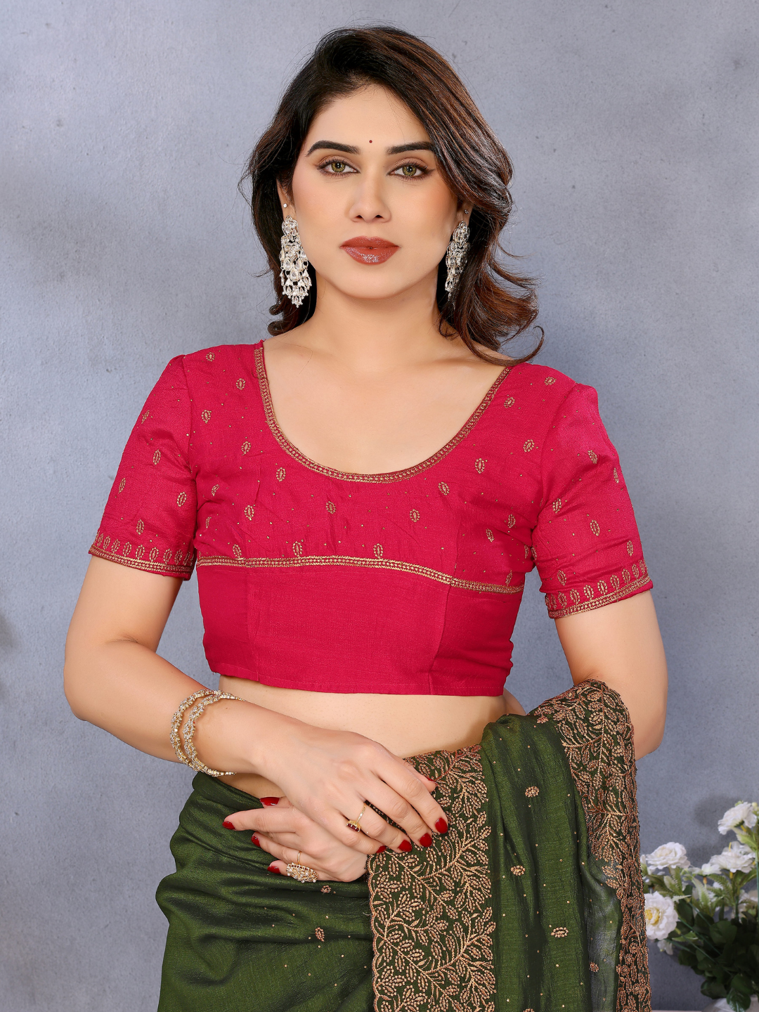 Satin Silk Heavy Zari & Stone Embroidered Floral Border Saree with Contrast Embroidered Blouse