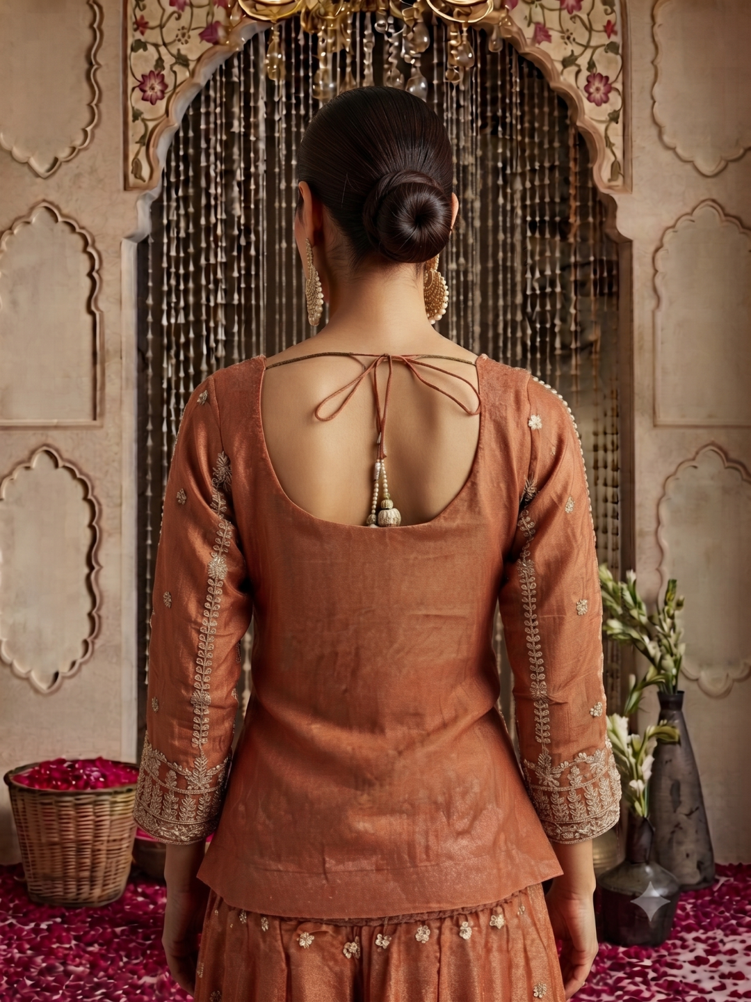 Zardozi & Sequin Embroidered Kurta with Sharara Set in Rust