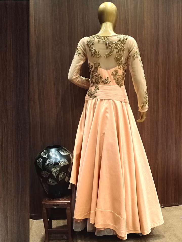 Peach Flared Gown With Zardozi Hand Embroidery and Double layering