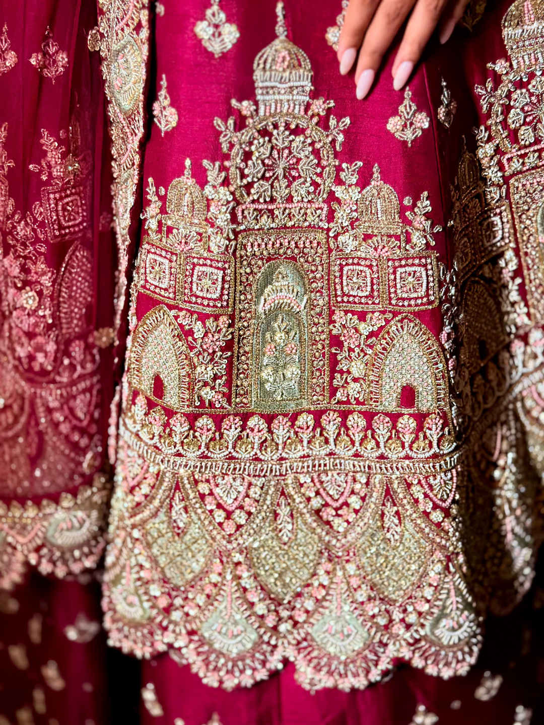 Zari Embroidered Long Kurta with Red Sharara Set in Pink