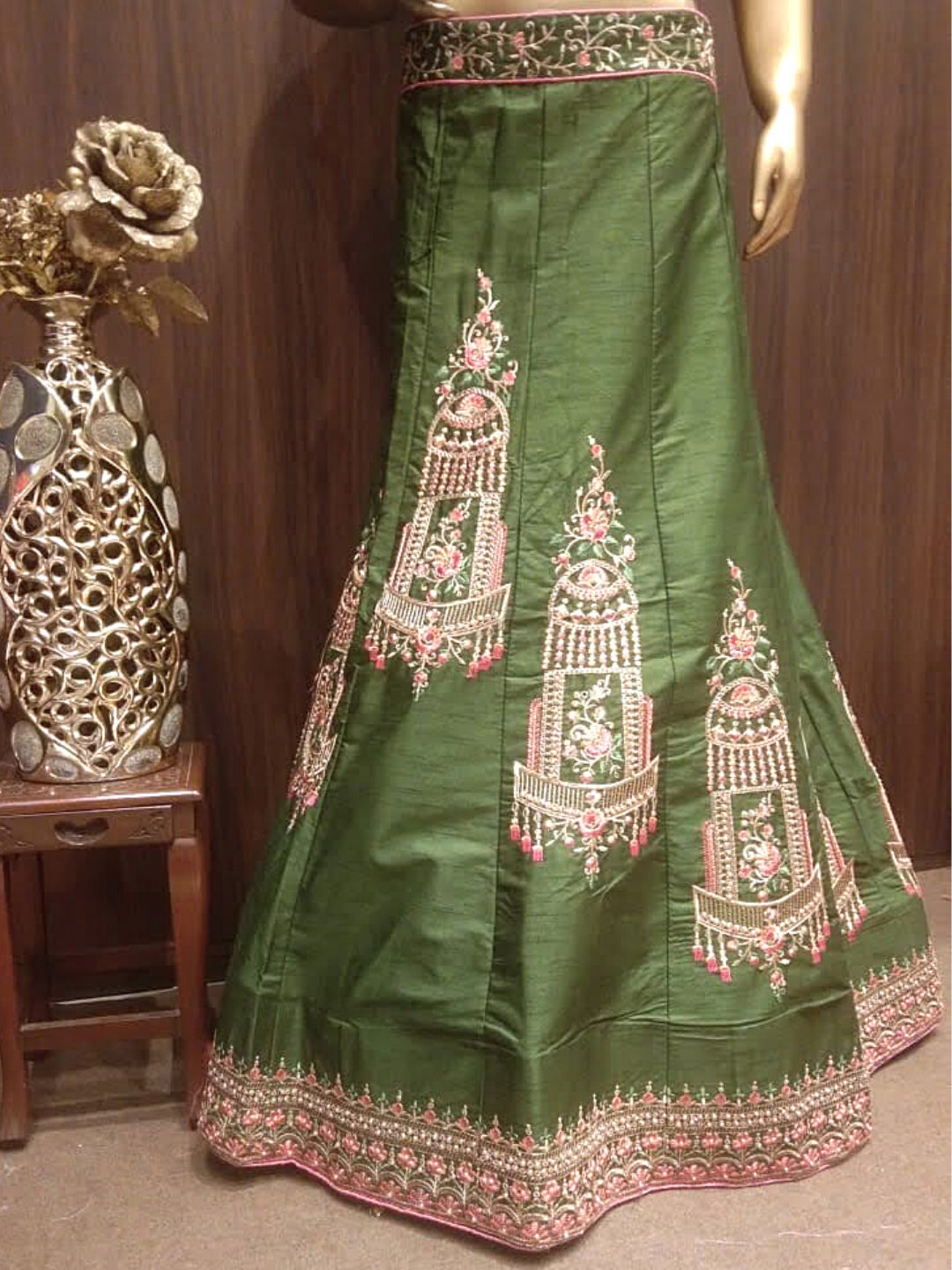 Olive Green Semi-Stitched Silk Lehenga Set with Contrast Crepe Dupatta & Resham Embroidery