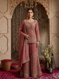 Zardozi & Sequin Embroidered Kurta with Sharara Set in Rose Pink