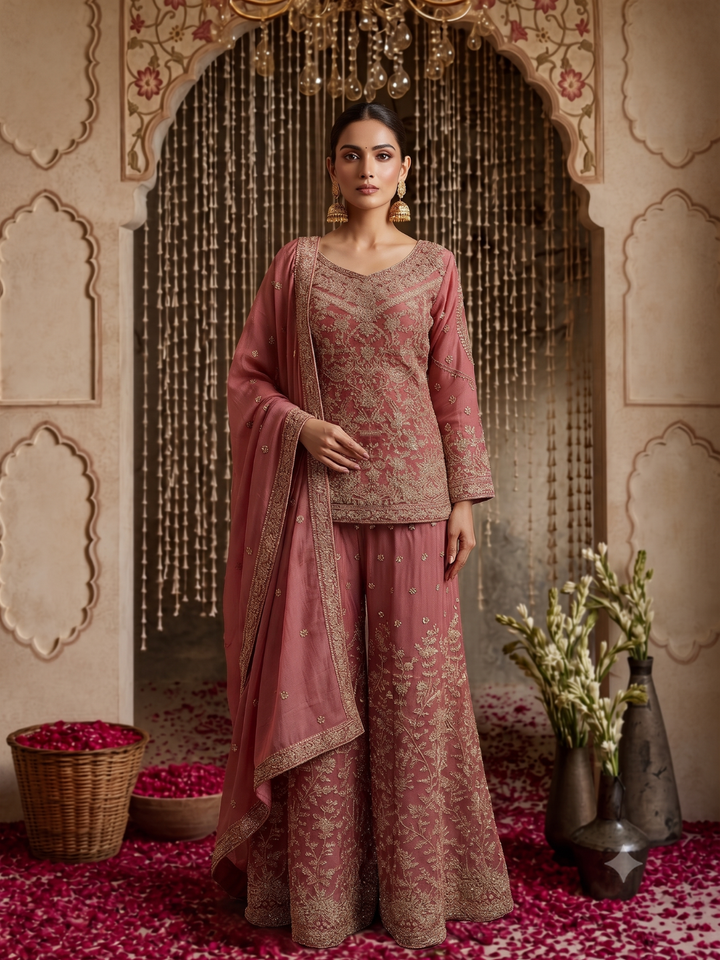 Zardozi & Sequin Embroidered Kurta with Sharara Set in Rose Pink