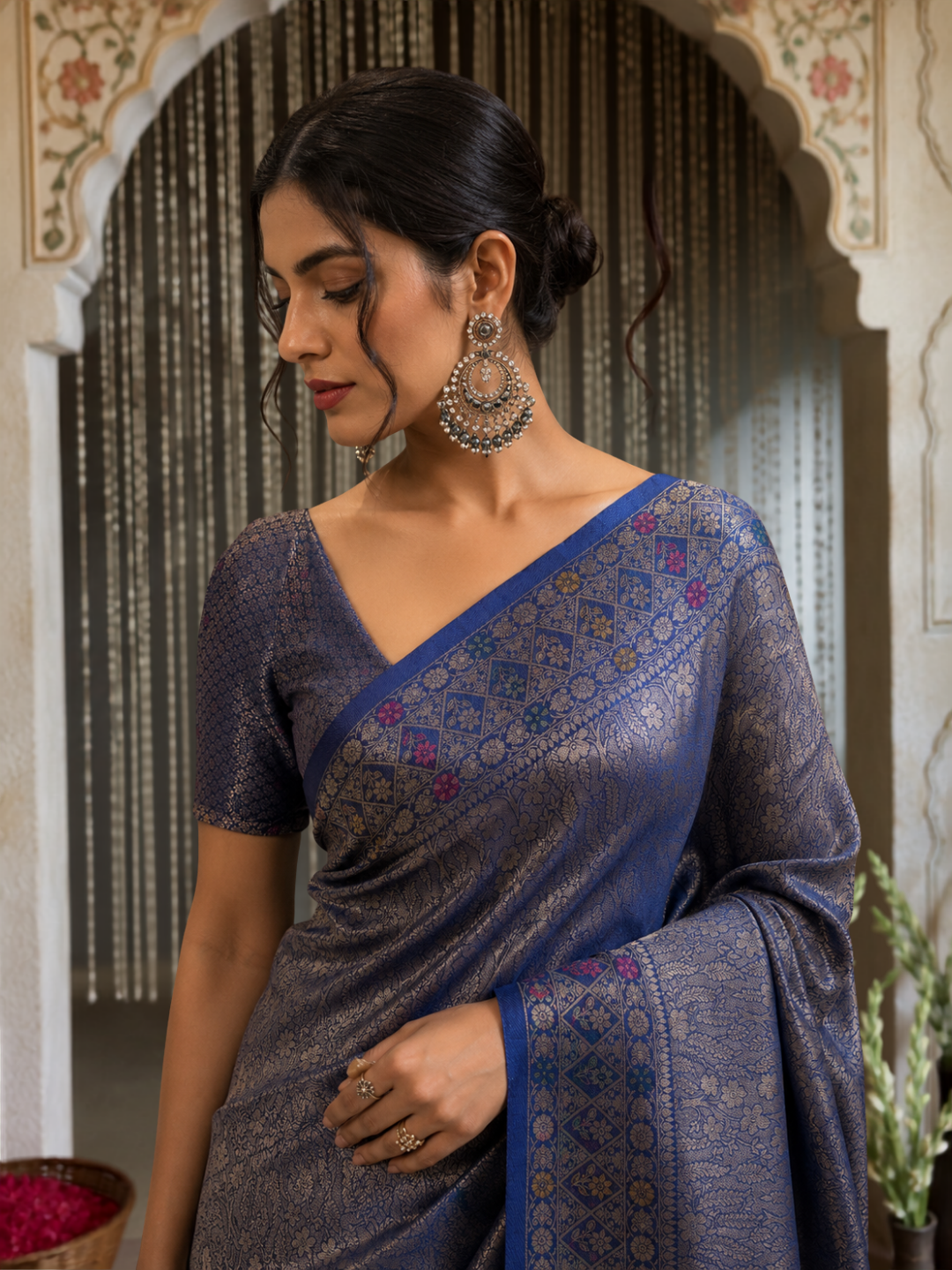 Steel Blue Banarasi Silk Saree with Zari Woven Floral Jaal & Meenakari Floral Medallion Pallu