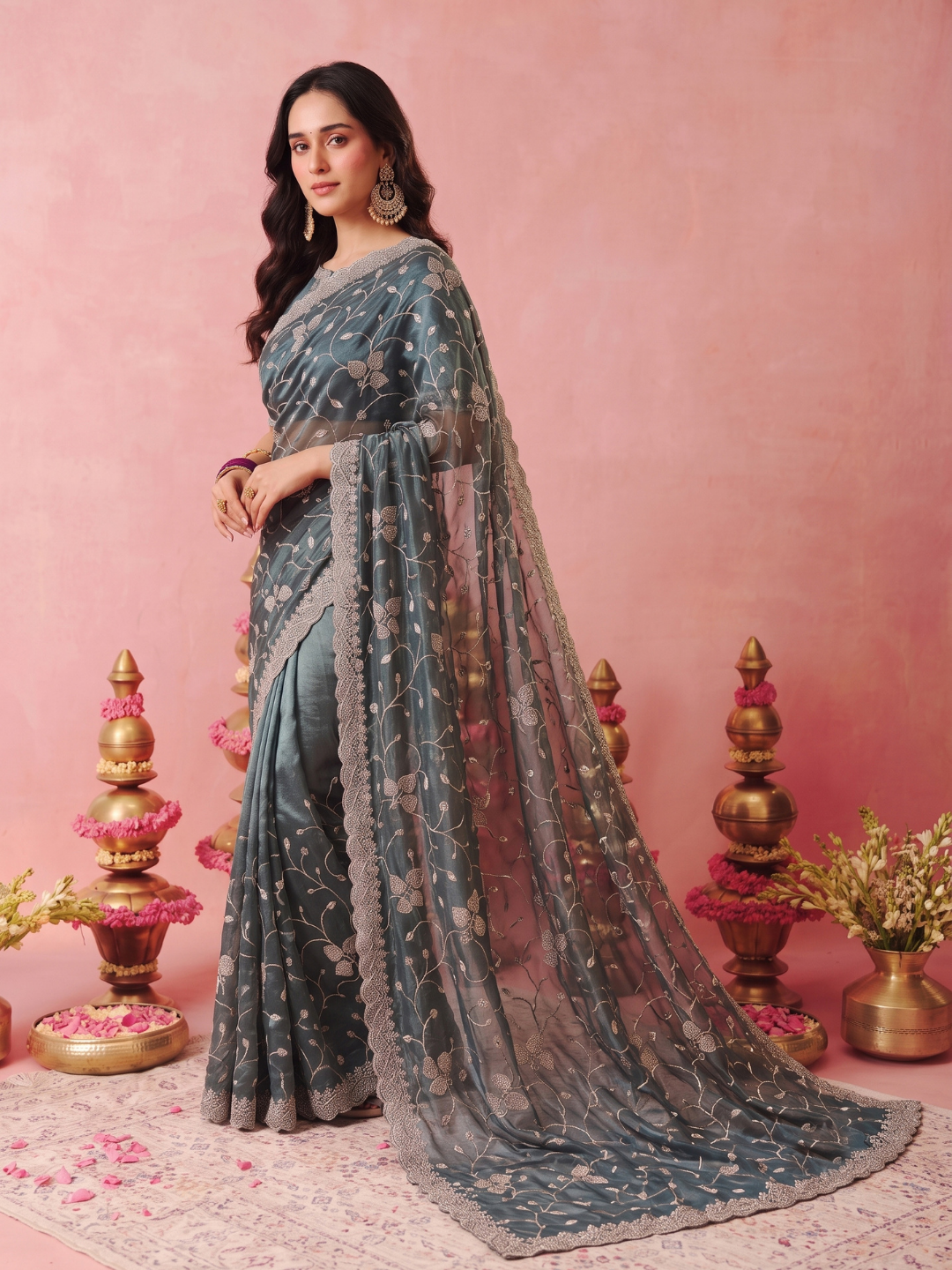 Tissue Organza Saree with Zari Floral Vine Embroidery & Scalloped Cutwork Border